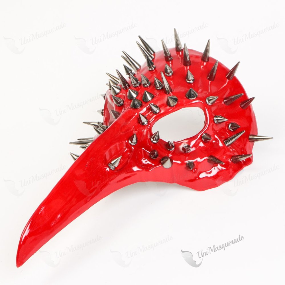 Red Steampunk Raven Skull with Silver Spikes Plague doctor Bird Halloween Mask